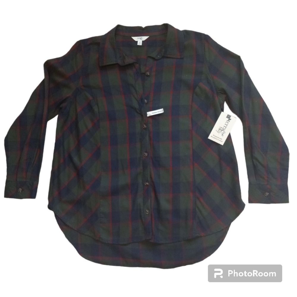 NWT Green Blue Women 14W Cotton Plaid Classic Stretchy Button Shirt BOHO casual